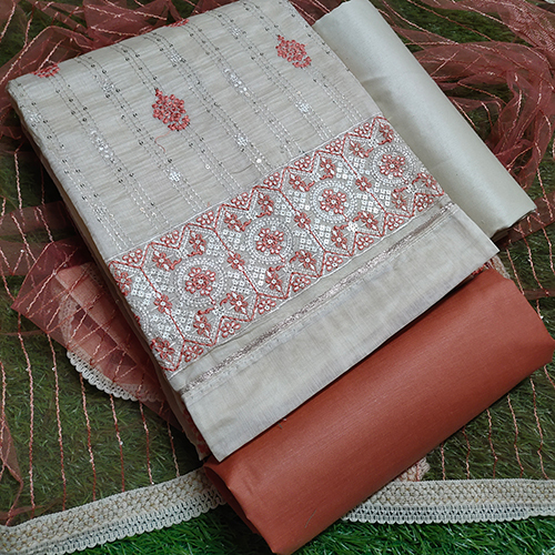 Chikan Peach Printed Dress Material