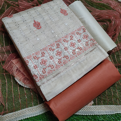 Chikan Peach Printed Dress Material