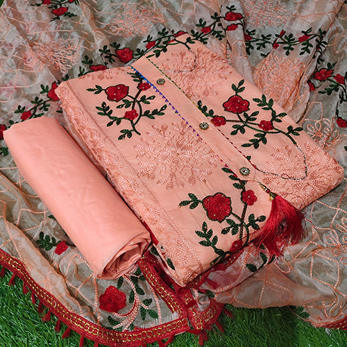 Chikan Peach Printed Dress Material