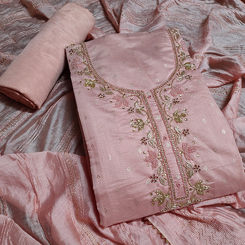 Chikan Peach Printed Dress Material