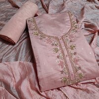 Chikan Peach Printed Dress Material