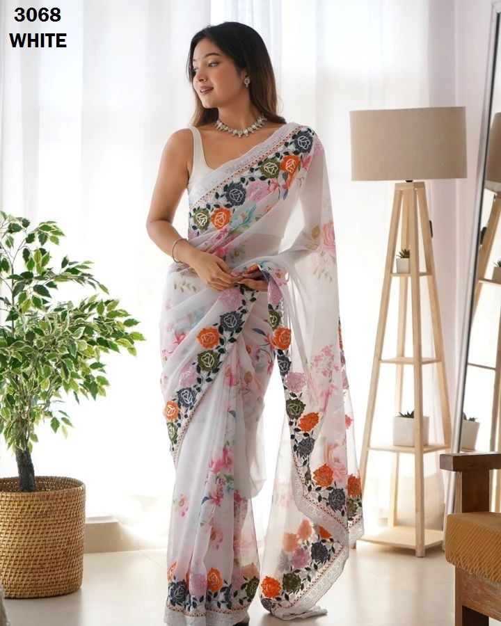 Designer Print White Saree