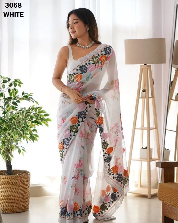 Designer Print White Saree