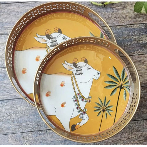 Round Cow Printed Tray With Gold Finish