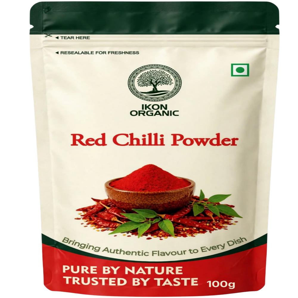 IKON Organic Red Chilli Powder - 50gm | Fine Ground, Food Grade, Bright Red Color, Hot & Spicy Flavor, 0% Additives, Retains Natural Aroma