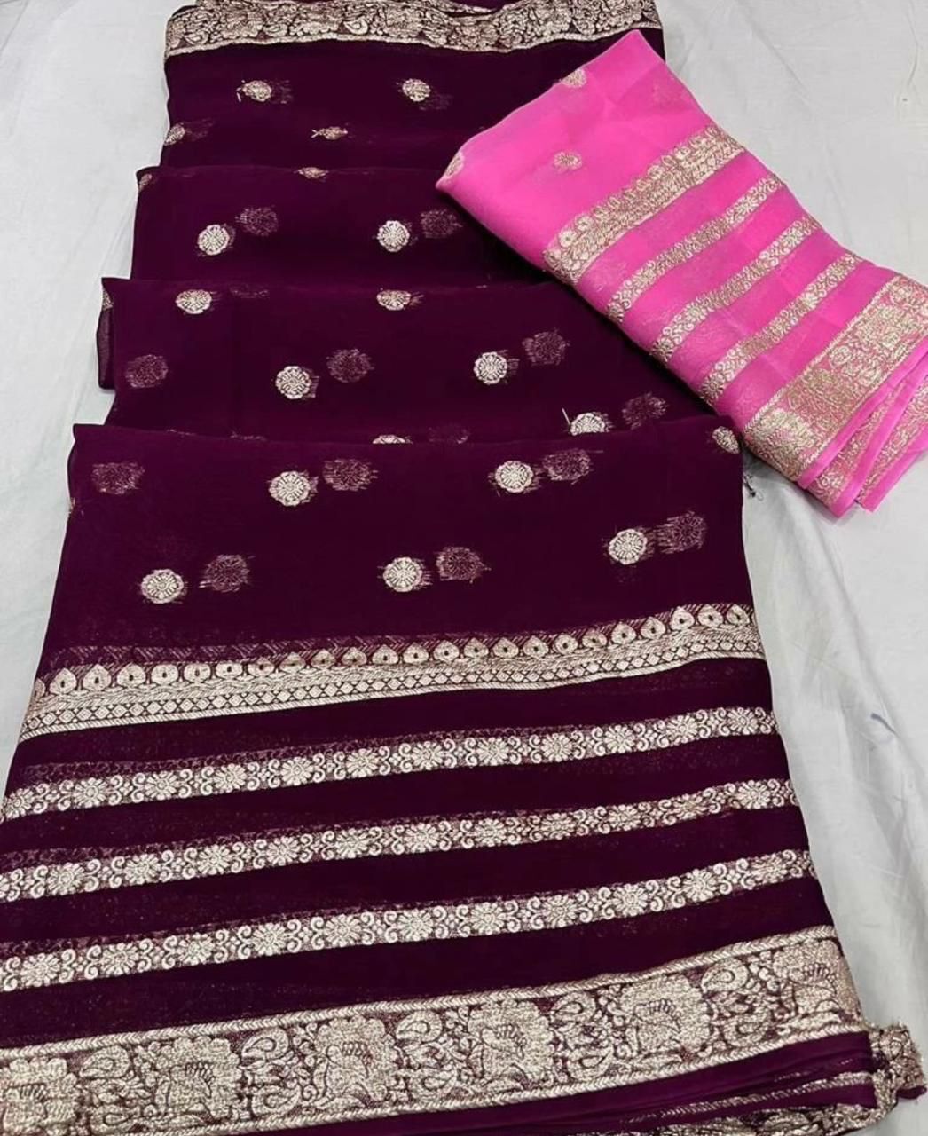 Pure viscose Georgette Weaving jacquard saree with  Contrast color blouse