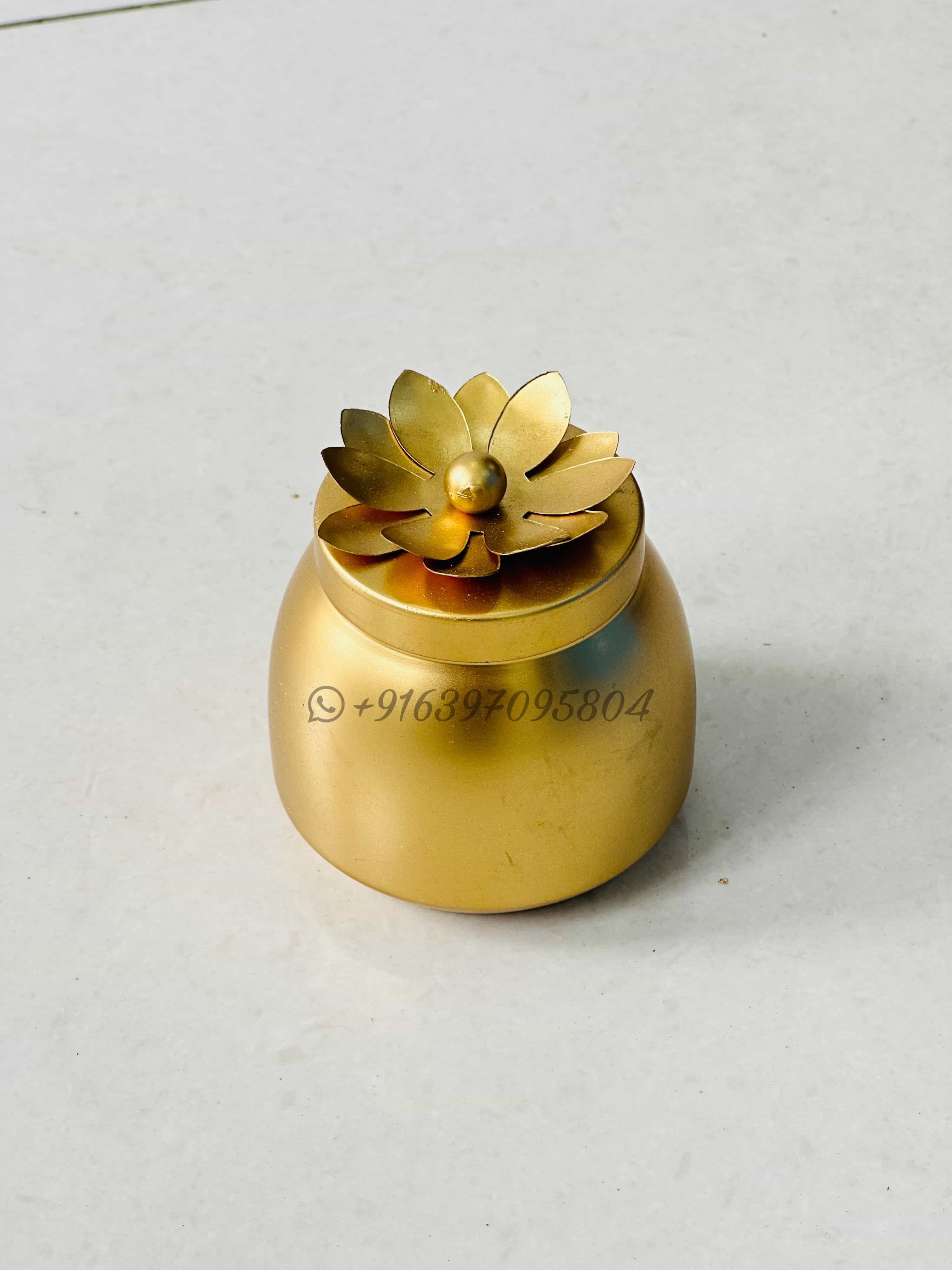 Small Dry Fruit hamper box jar in iron with golden powder coated finish