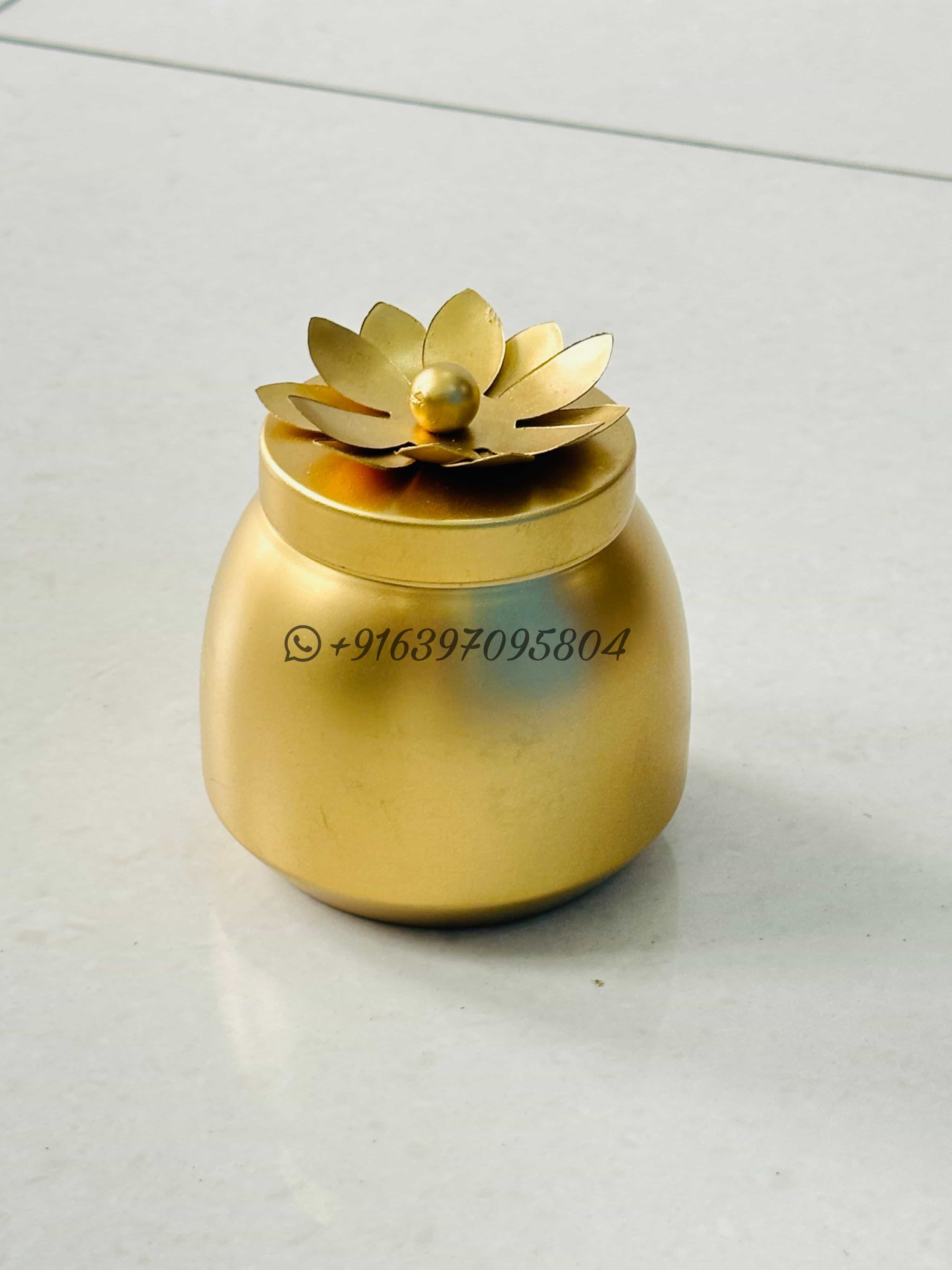 Small Dry Fruit hamper box jar in iron with golden powder coated finish