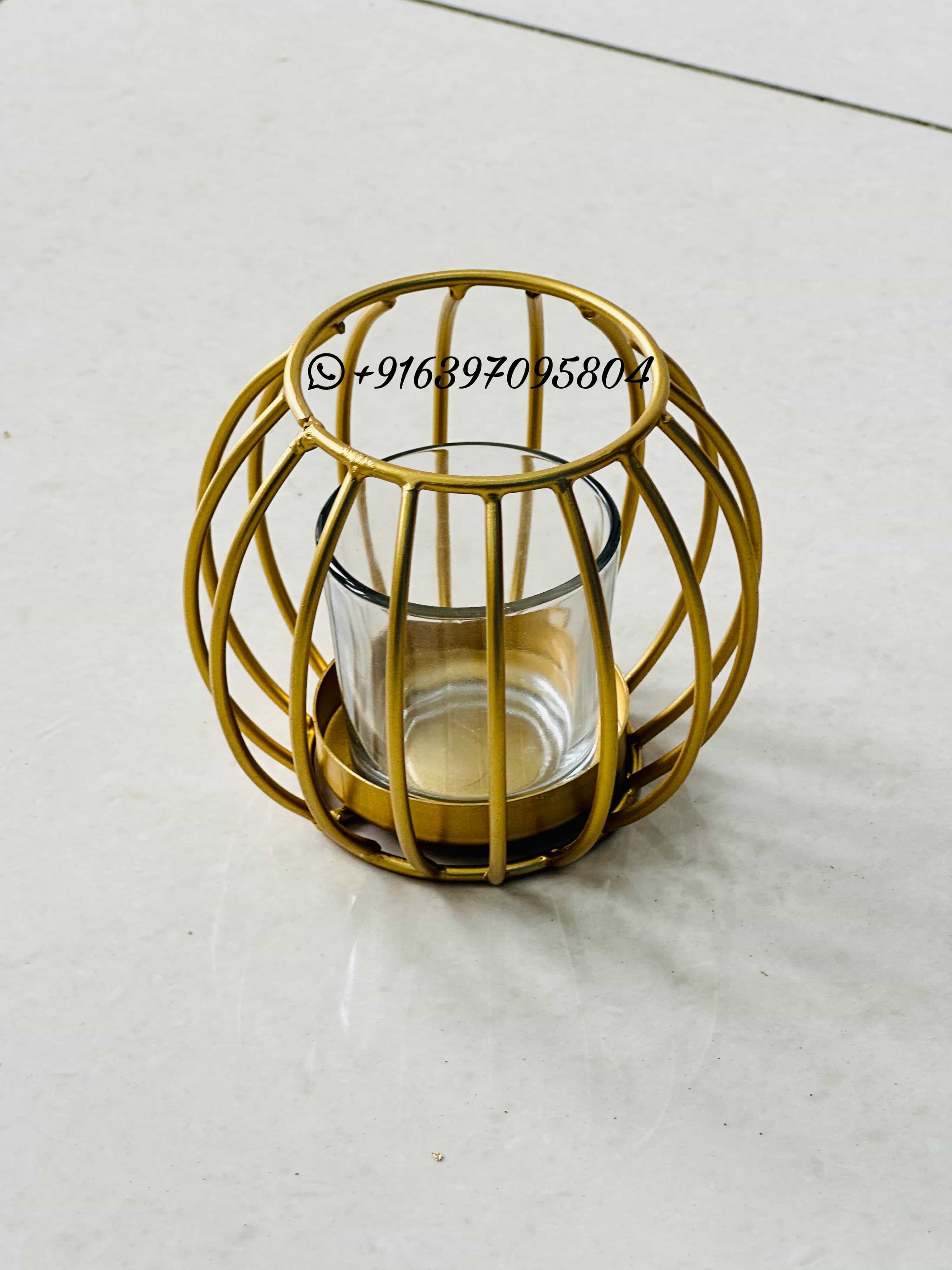 GCO Small Round Tea Light holder in iron with golden powder coated finish