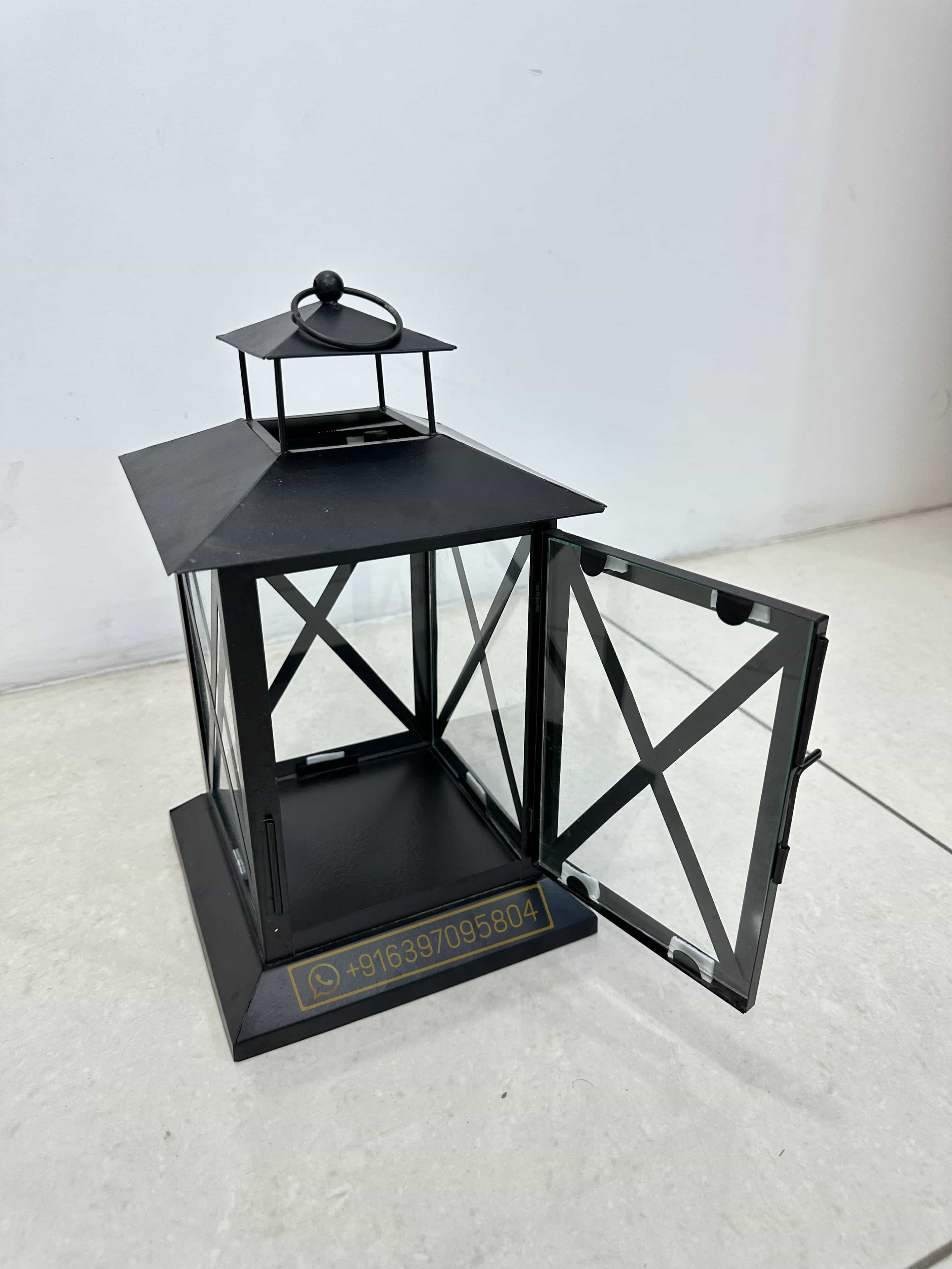 Black casual lantern in iron with matte black powder coated finish for hanging and table decorations