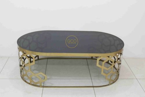 Stainless Steel Laser Cutting Center Table With Gold Glossy Finish Black Glass Top - Assembly: No Assembly Required