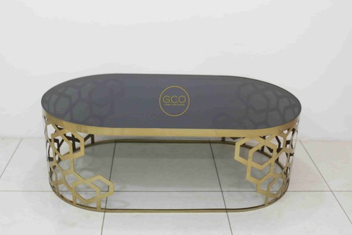 Stainless Steel Laser Cutting Center Table with gold glossy finish black glass top