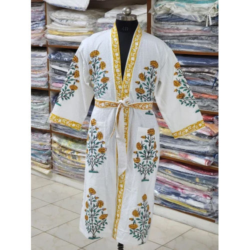 Multicolor Hand Block Printed Waffle Bathrobe