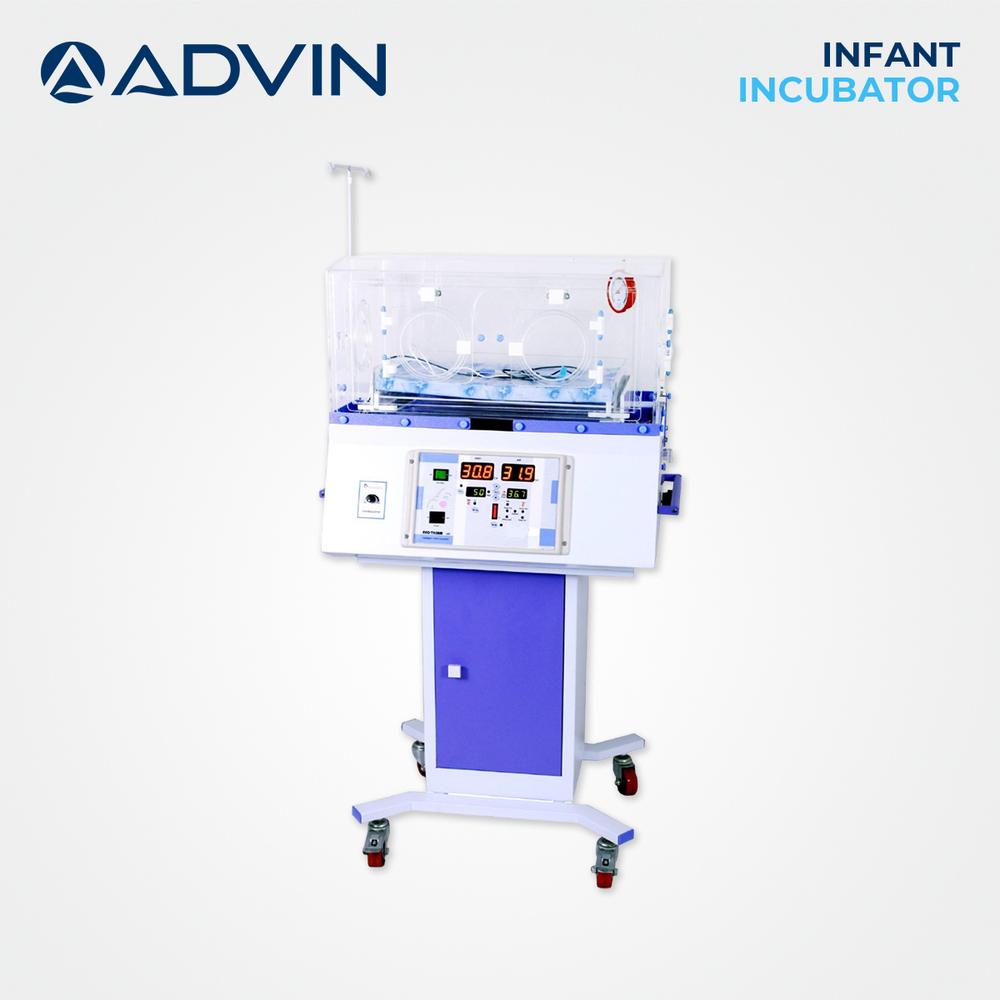Infant Incubator - Acrylic Canopy with Stainless Steel Heater | Four Portholes, Sliding Tray, Humidity Control, Trolley Mounted with Anti-Skid Castors