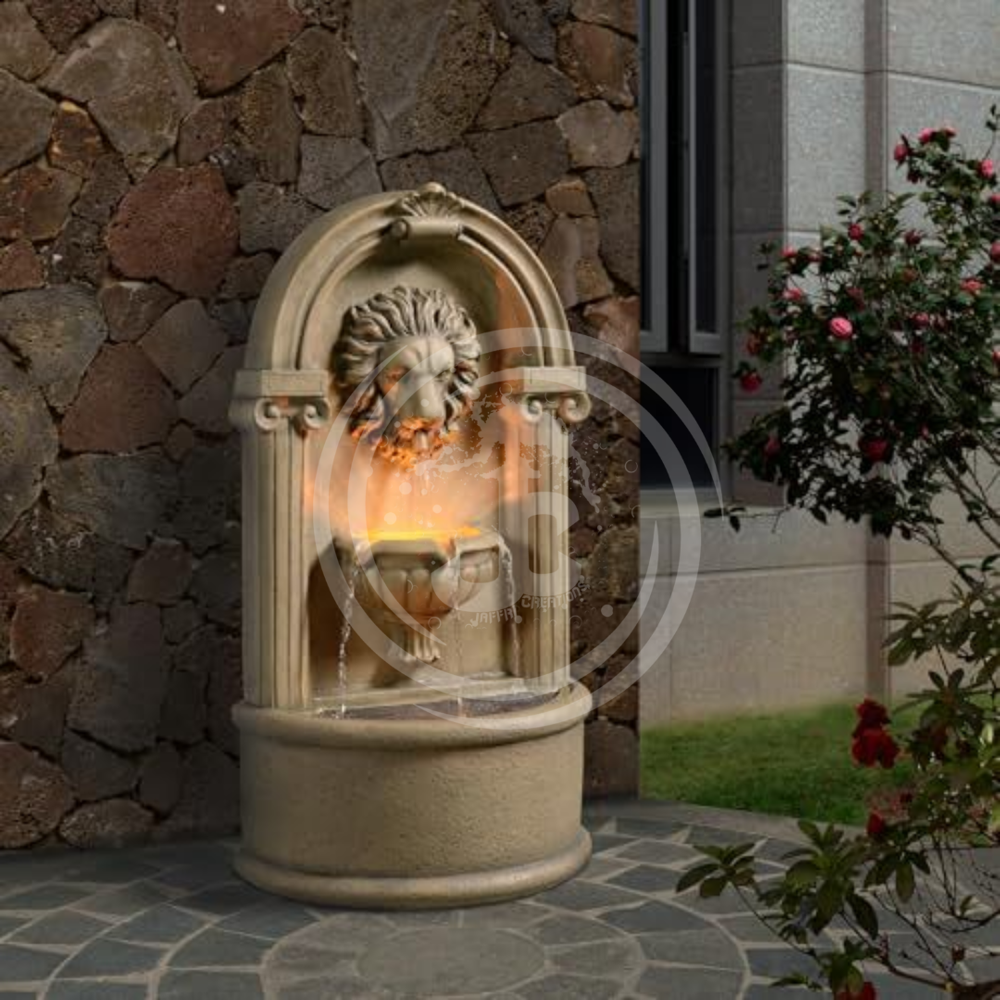 LION FACE WALL FOUNTAIN FRP - Ht 3 Feet, 2 Feet Width, Waterproof Electrical Wiring, Submersible Pump, Complete with Plumbing Accessories