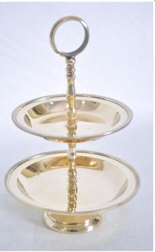 Cake Stand - Medium Size, Two-Tier Round Design in Polished Gold Metal | Includes Convenient Handle for Easy Transport and Versatile Display