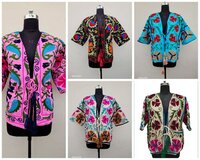 Suzani Embroidered Short Kimono - Cotton, Customized Size | Bohemian Style, Versatile Floral Pattern, All-season Wear