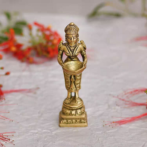 Brass Lady Holding Diya Oil Lamp Stand Statue