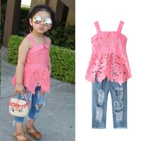 cotton lace top with rough look denim pant