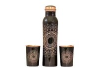 Copper Printed Bottles - Handcrafted Copper Bottle With Matching Glass , Ergonomic Design, Antimicrobial Properties, Keeps Beverages Cold For Hours