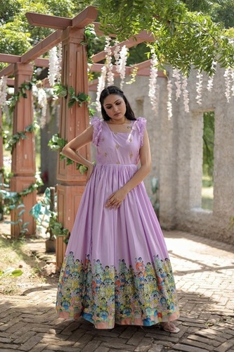 Designer printed Dola silk gown