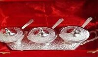 Three Silver Bowl Trolley - Handcrafted Silver And Copper Set, Ergonomic Design With Matching Glass For Elegant Beverage Presentation