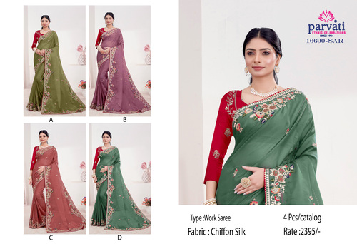 Ciffon Silk Saree For Party Wear collection With Shiroshki Diamond Work