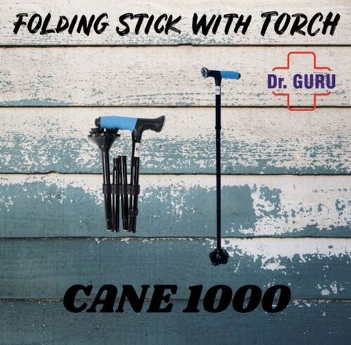 Dr. Guru - Four Leg Vaccume Base With Led Torch ( Cane 1000 ) Aluminium Black Walking Stick Usage: Hospital & Personal