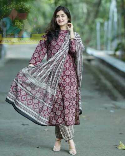 Elegant Look Kurti - Cotton Fabric, 44 Inches Length, Maroon Color | Comfortable Fabric, Sanganeri Block Print, Stylish Kurti Set with Dupatta and Pants