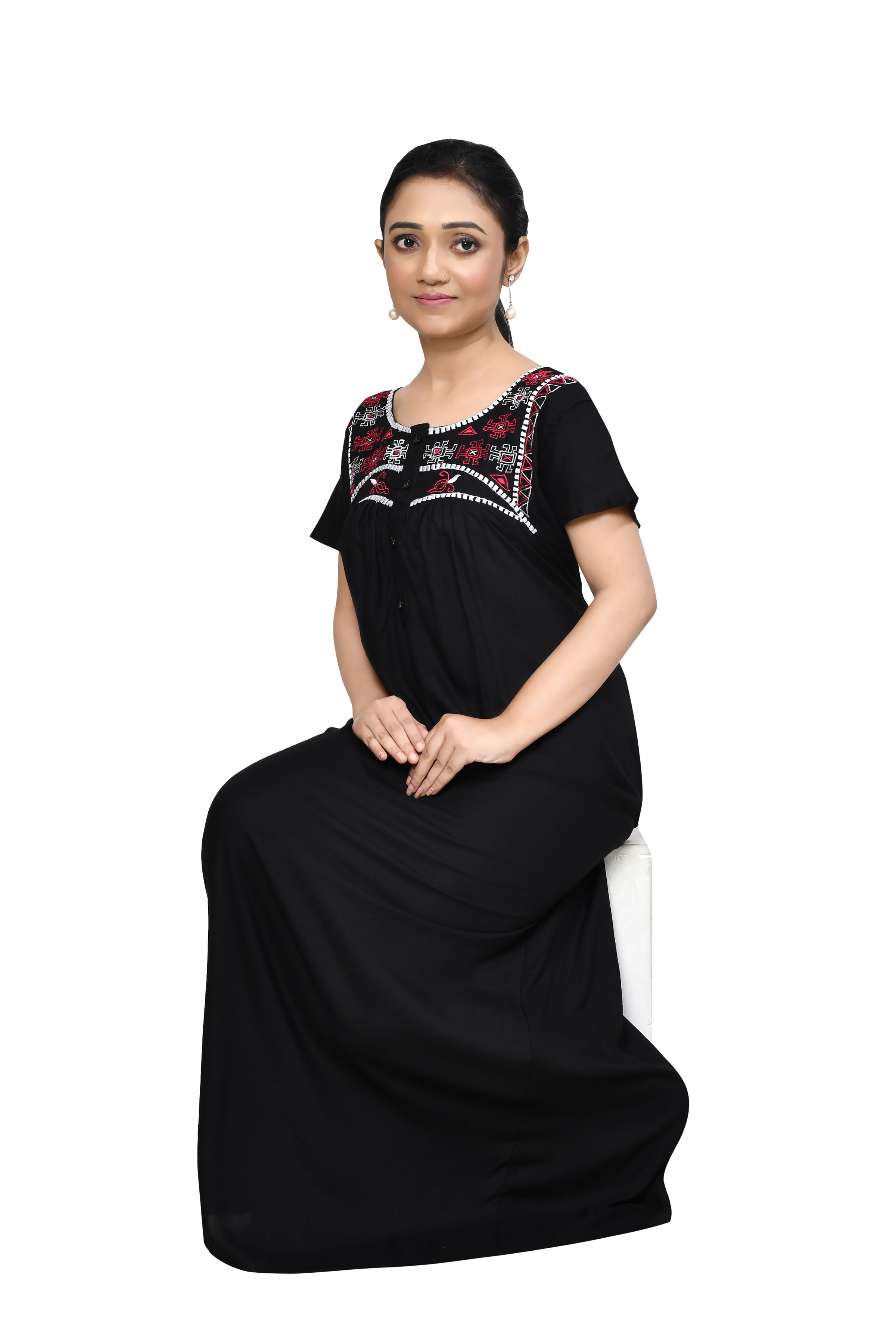 WOMENS EMBROIDERY DARK BLACK NIGHT GOWN