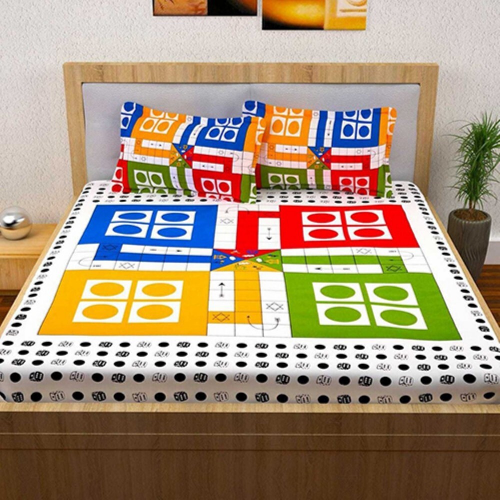 Ludo Game-Inspired Bed Sheet - 1kg 100% Cotton, Double Size White with Playful Multicolor Print | Soft, Washable, Nostalgic Design for Family Fun