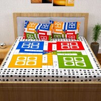 Ludo Game-inspired Bed Sheet - 1kg 100% Cotton, Double Size White With Playful Multicolor Print | Soft, Washable, Nostalgic Design For Family Fun