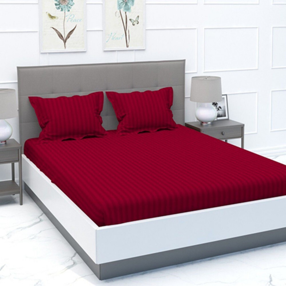 100% Cotton Plain Stripes Bed Sheet - 100% Cotton, Full Size, Red Color | Washable, High Bulk Yarn, Plain Dyed Pattern