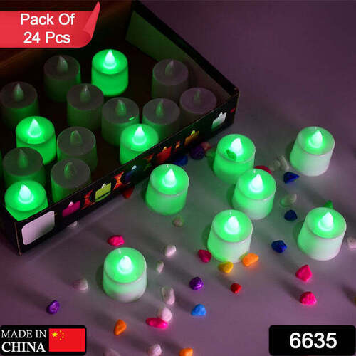 GREEN FLAMELESS LED TEALIGHTS SMOKELESS PLASTIC DECORATIVE CANDLES LED TEA LIGHT CANDLE FOR HOME DECORATION (PACK OF 24) (6635)