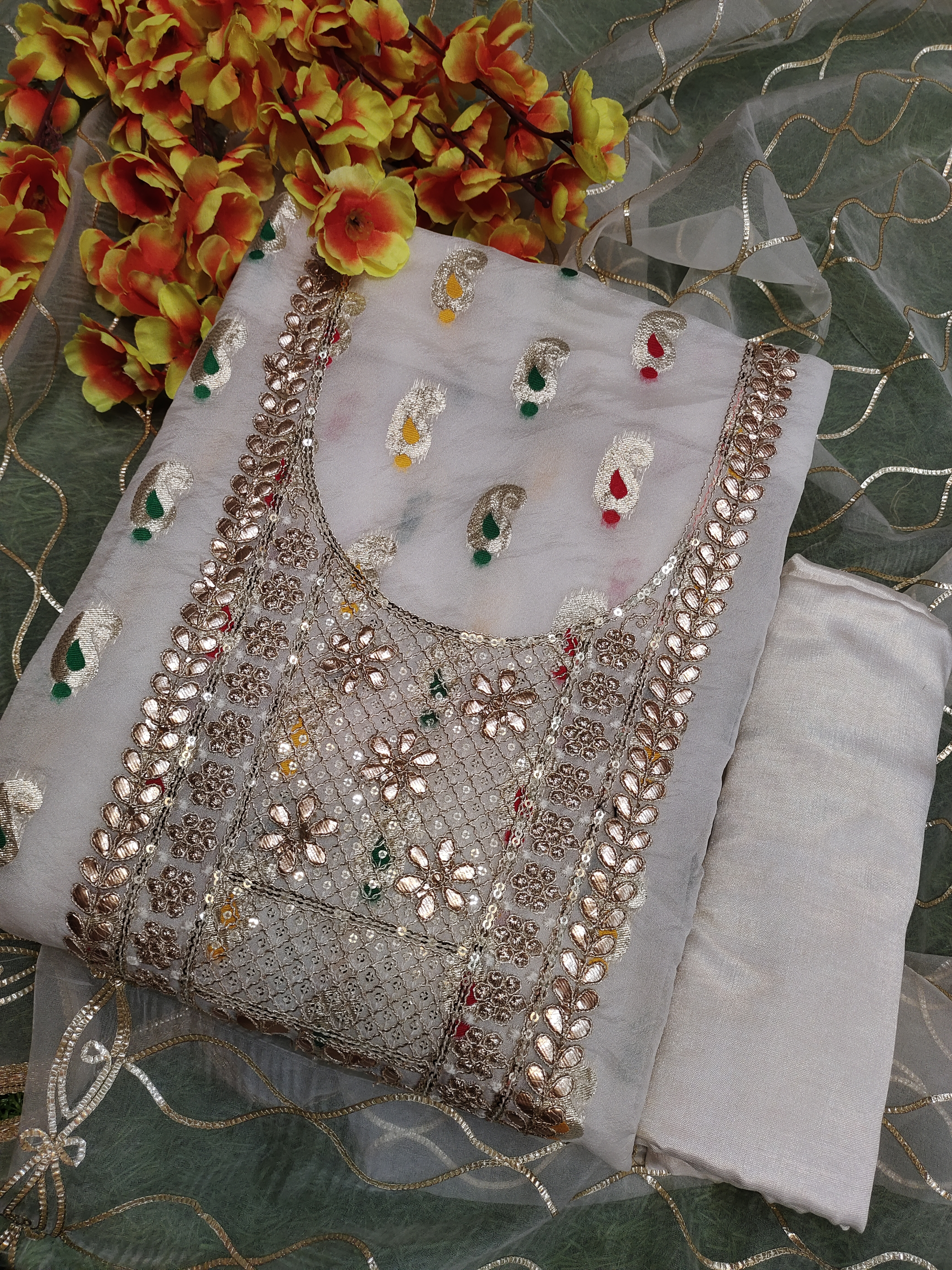 New Gotapati Work White Color Dress Material For Women