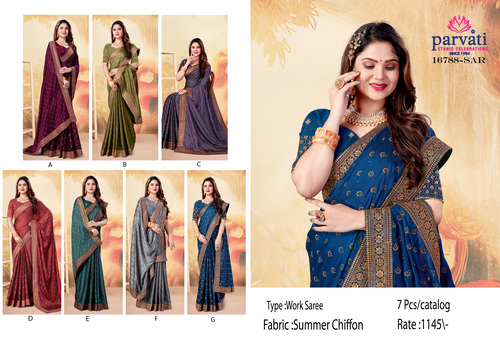 Silk Chiffon Blue Colour Beautiful Saree For Womens