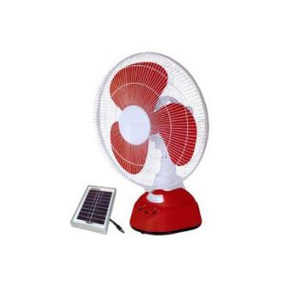 Solar DC Table Fan - Plastic, 3 Blades, Red | 50 Watt, 12.8 Volt Output, Manual Switch, 1-Year Warranty