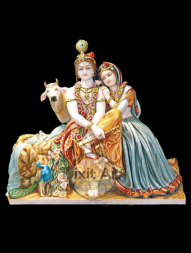 Marble Sitting Krishna Radha Statue With Cow