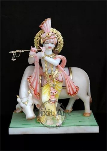 Marble Krishna Statue With Cow
