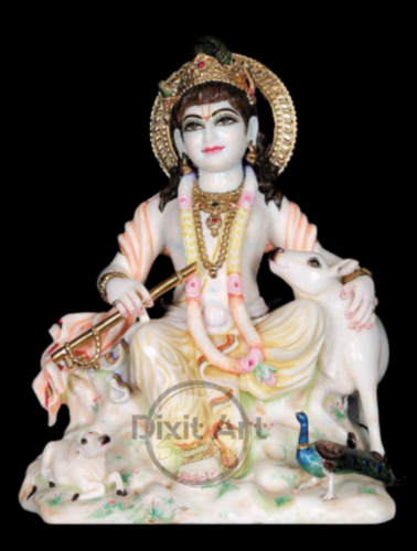 Marble Sitting Krishna Statue With Cow