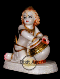Marble Bal Gopal Statue - Handcrafted White Marble, Customizable Dimensions , Glossy Finish With Intricate Carving And Painted Detailing
