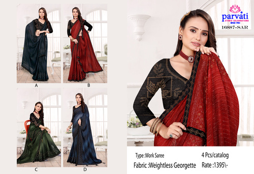 Weightless Georgette Contrast Colour Saree With Elegant Stone Work