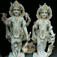 Marble Vishnu Laxmi Statue - 2 Feet Tall, 1 Foot Wide | Handcrafted Marble, Traditional Style, White and Gold Colors, Indian Theme