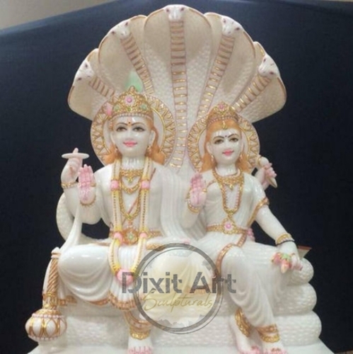 Marble Vishnu Laxmi Statue Sitting on Sheshnag