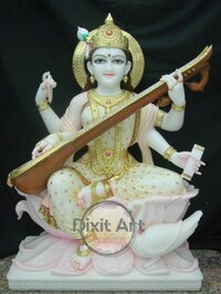 Marble Goddess Saraswati Statue - High-quality Marble, Standard Size, White Gold Pink Colors | Handcrafted Traditional Indian Design For Home Dã©cor & Worship