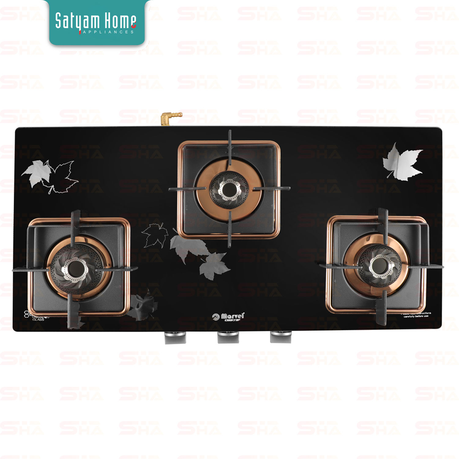 3 Burner Mirror Glass With Rose Gold Mirror Finish Frame (Leaf Glass)  - PLUTO 3502