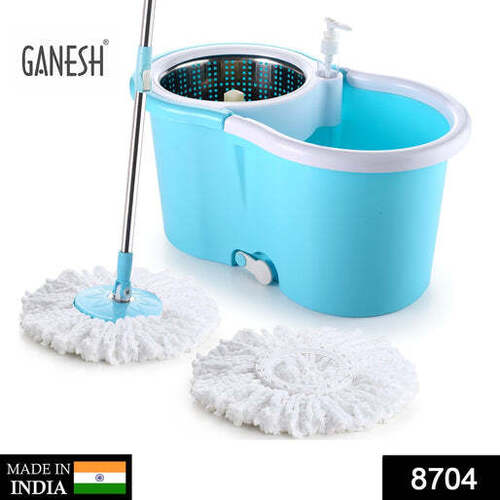 STEEL SPINNER BUCKET MOP 360 DEGREE SELF SPIN WRINGING WITH 2 ABSORBERS FOR HOME AND OFFICE FLOOR CLEANING MOPS SET (8704)