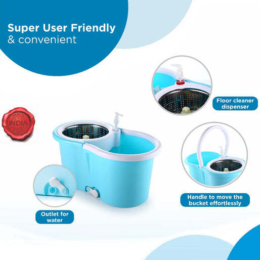 STEEL SPINNER BUCKET MOP 360 DEGREE SELF SPIN WRINGING WITH 2 ABSORBERS FOR HOME AND OFFICE FLOOR CLEANING MOPS SET (8704)