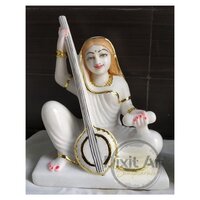 Marble Meera Bai Statue - Hand-carved Marble, Customizable Sizes | Elegant White And Gold Design, Traditional Religious Theme
