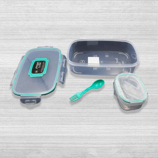 MULTIPURPOSE AIR TIGHT 4 SIDE LOCK FOOD GRADE LUNCH BOX WITH SMALL SQUARE CONTAINER AND SPOON (5896)